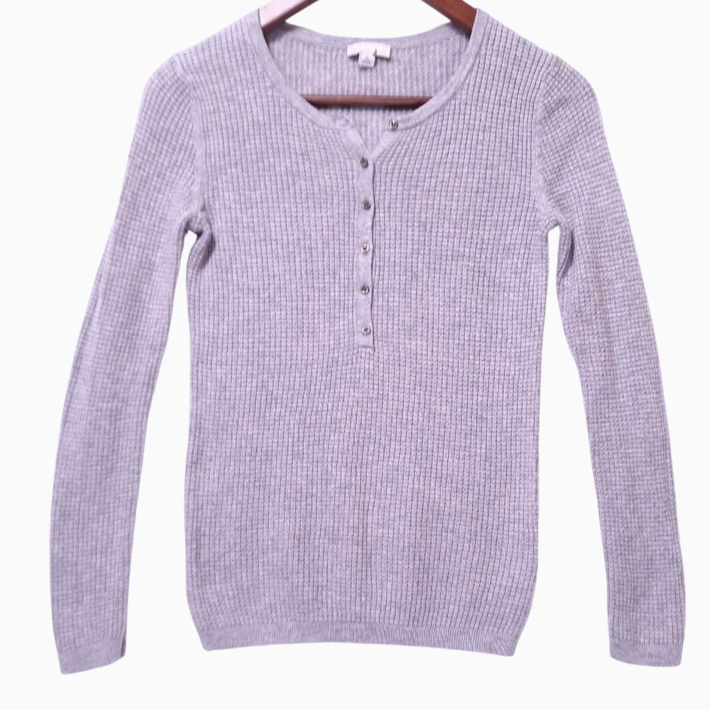Gap Waffle Knit Henley Top Wool Blend Long Sleeve Women XS Gray Cozy Thermal‎